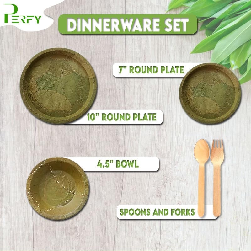 Perfy Siali Leaf Dinnerware Set Combo Disposable Round Plate Set 10 7 Inch45 inch BowlsCutleryBiodegradableEco Friendly Tableware for Wedding Party Pack of 75 - Image 4