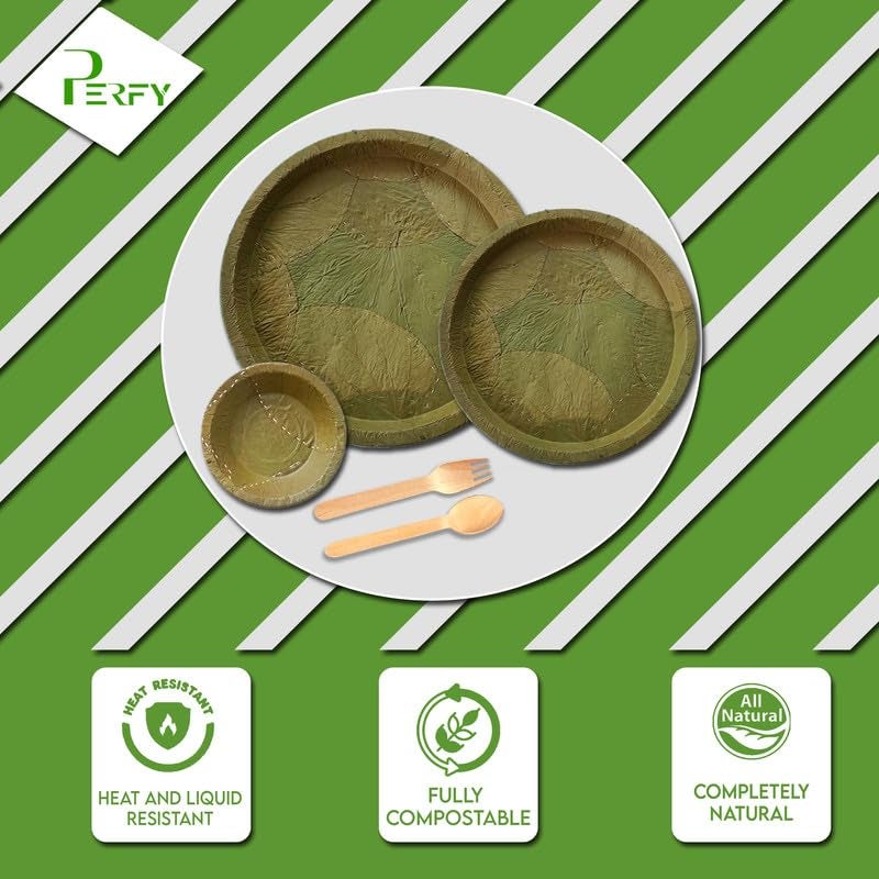 Perfy Siali Leaf Dinnerware Set Combo Disposable Round Plate Set 10 7 Inch45 inch BowlsCutleryBiodegradableEco Friendly Tableware for Wedding Party Pack of 75 - Image 3