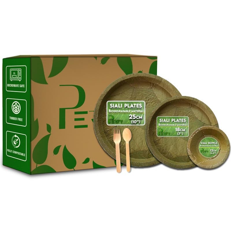 Perfy Siali Leaf Dinnerware Set Combo Disposable Round Plate Set 10 7 Inch45 inch BowlsCutleryBiodegradableEco Friendly Tableware for Wedding Party Pack of 75 - Image 1