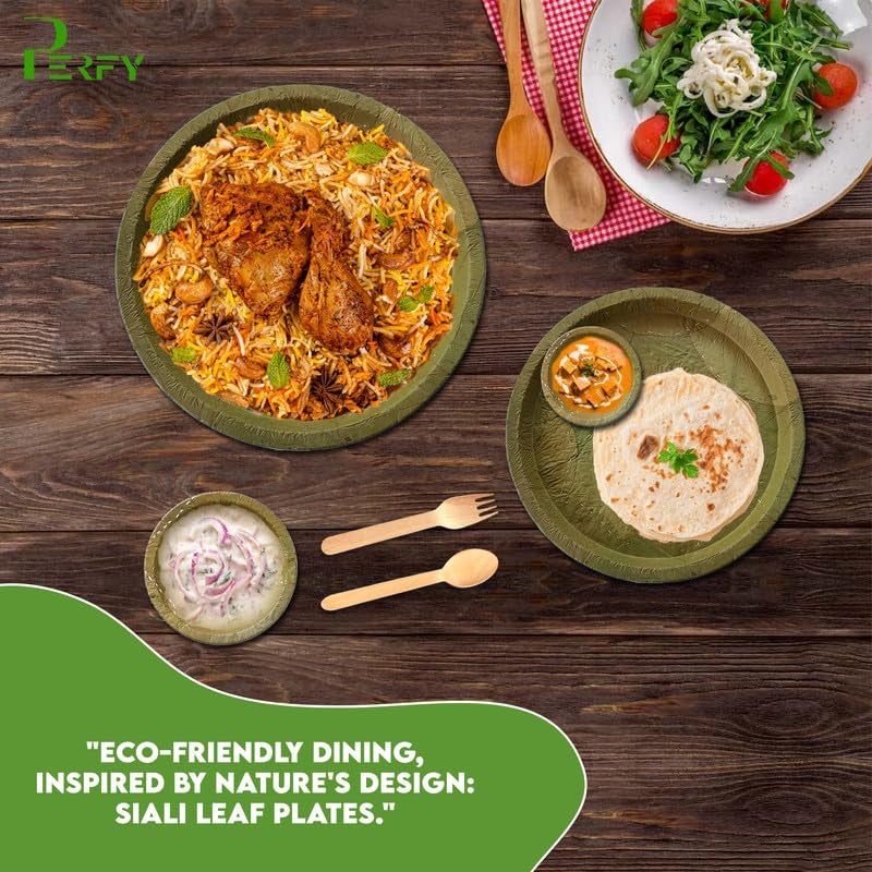 Perfy Siali Leaf Dinnerware Set Combo Disposable Round Plate Set 10 7 Inch45 inch BowlsCutleryBiodegradableEco Friendly Tableware for Wedding Party Pack of 75 - Image 2