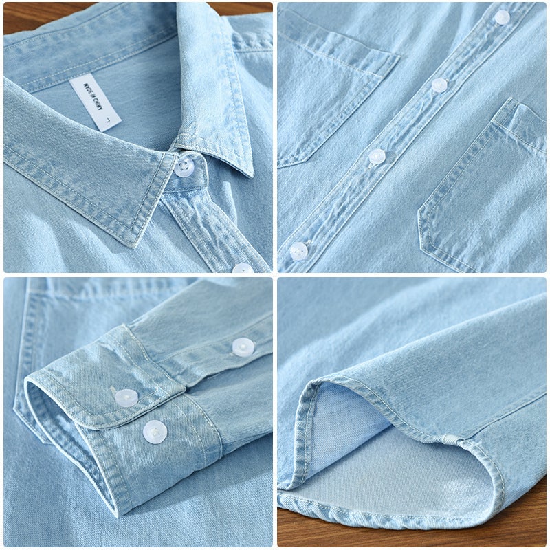 قميص جينز رجالي من القطن الخالص بأكمام طويلة، قميص عمل رجالي عصري، قميص ياباني فضفاض، بالجملة من المصنع، أزرق فاتح - Image 5