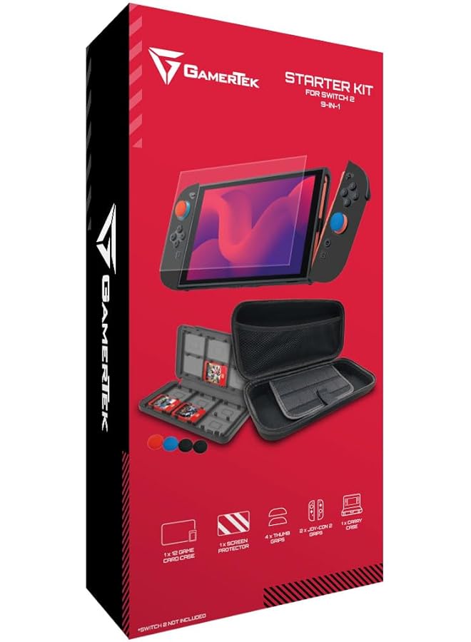 Gamertek Starter Kit For Nintendo Switch 2 – 9 In 1 Travel & Protection Set With Carry Case Screen Protector Thumb Grips Joy Con Covers & Game Card Holder  - Image 1