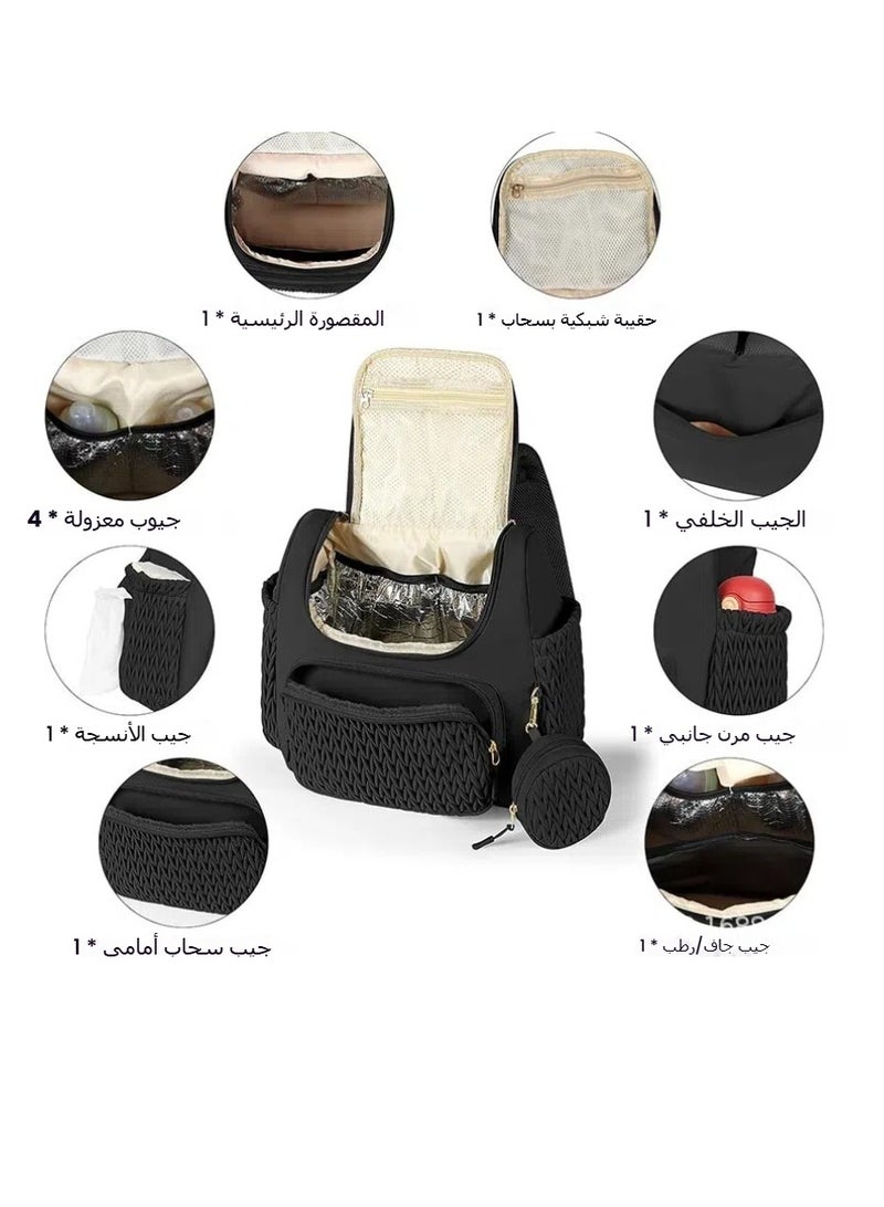 New Diaper Bag Backpack Multifunctional Quilted Diaper Bag with Diaper Pad Pacifier Box and Stroller Strap Large Capacity (Black) - Image 3