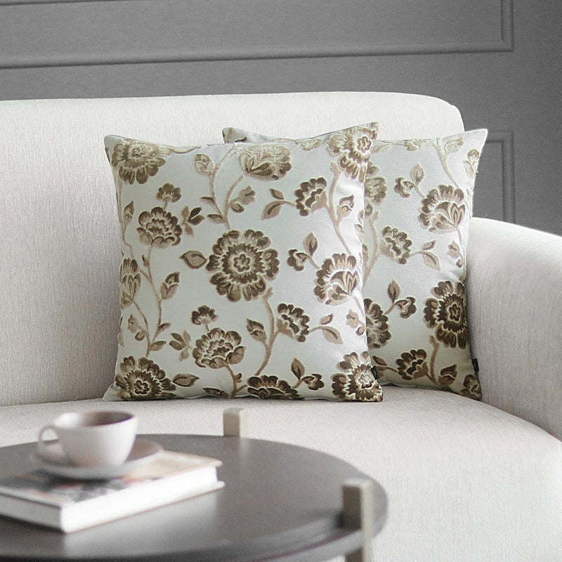 GMF GM Luxury Home Decor Velvet Floral Cushion CoverCases with Zipper Luxurious Soft Decorative Square Pillow Cover for Living Room Bedroom Home Decor Pack of 2 Size 16 x 16 inch Tan - Image 1