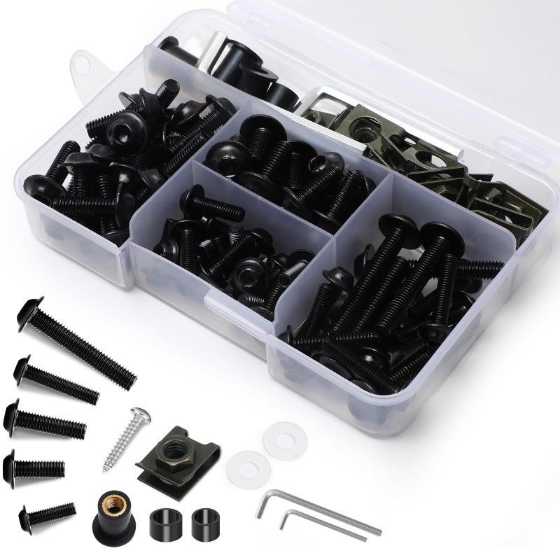 AEEAST 177Pcs Motorcycle Fairing Bolt Kit M5 M6 Stainless Steel Windscreen Screws Fastener Clips Universal Fit for Sportbike Kawasaki Suzuki Honda Yamaha BMW Ducati GSXR MotorcycleBlack
