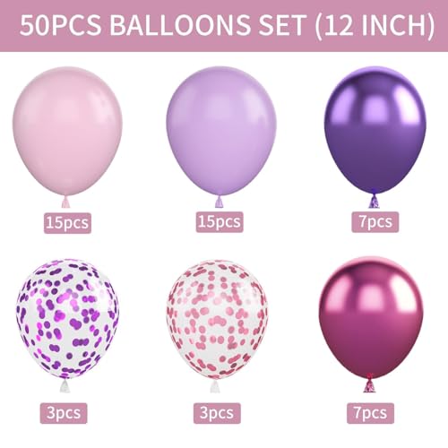 Biapian Pink and Purple Balloons, 50PCS 12 Inch Confetti Balloons, Metallic Purple Pink Latex Balloons with Ribbon, Party Balloons for Birthday Shower Wedding Party Decorations - Image 2