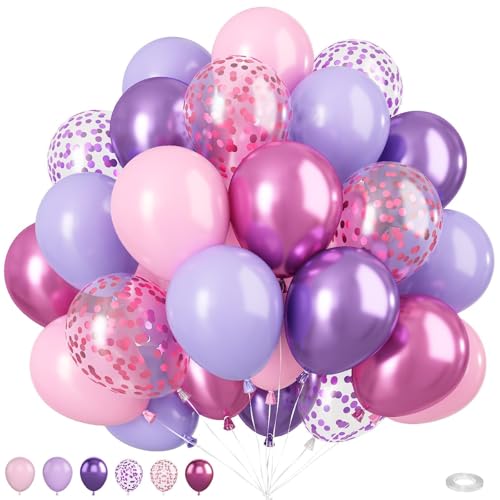 Biapian Pink and Purple Balloons, 50PCS 12 Inch Confetti Balloons, Metallic Purple Pink Latex Balloons with Ribbon, Party Balloons for Birthday Shower Wedding Party Decorations - Image 1