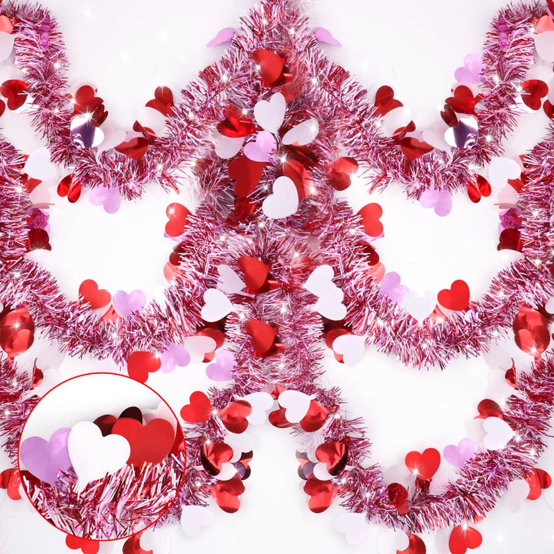 Sakayo 50 Ft Valentines Heart Tinsel Garland Decorations, Valentines Day Red Pink White Metallic Garland Valentine's Day Decorations for Home Indoor Outdoor Wedding Hanging Valentines Day Decor - Image 1