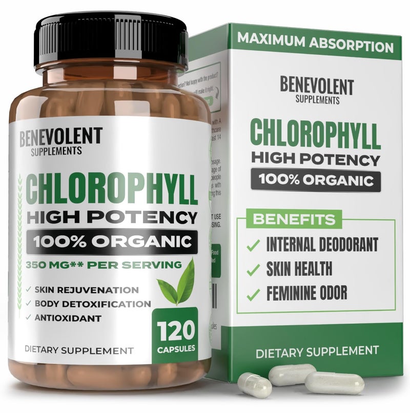 BENEVOLENT NOURISHMENT Benevolent Chlorophyll Capsules 350mg 100 Natural Ultra Chlorophyll 20x Potency Concentration for Energy Boost Immune Support Internal Deodorant Skin Health NonGMO 120 Capsules