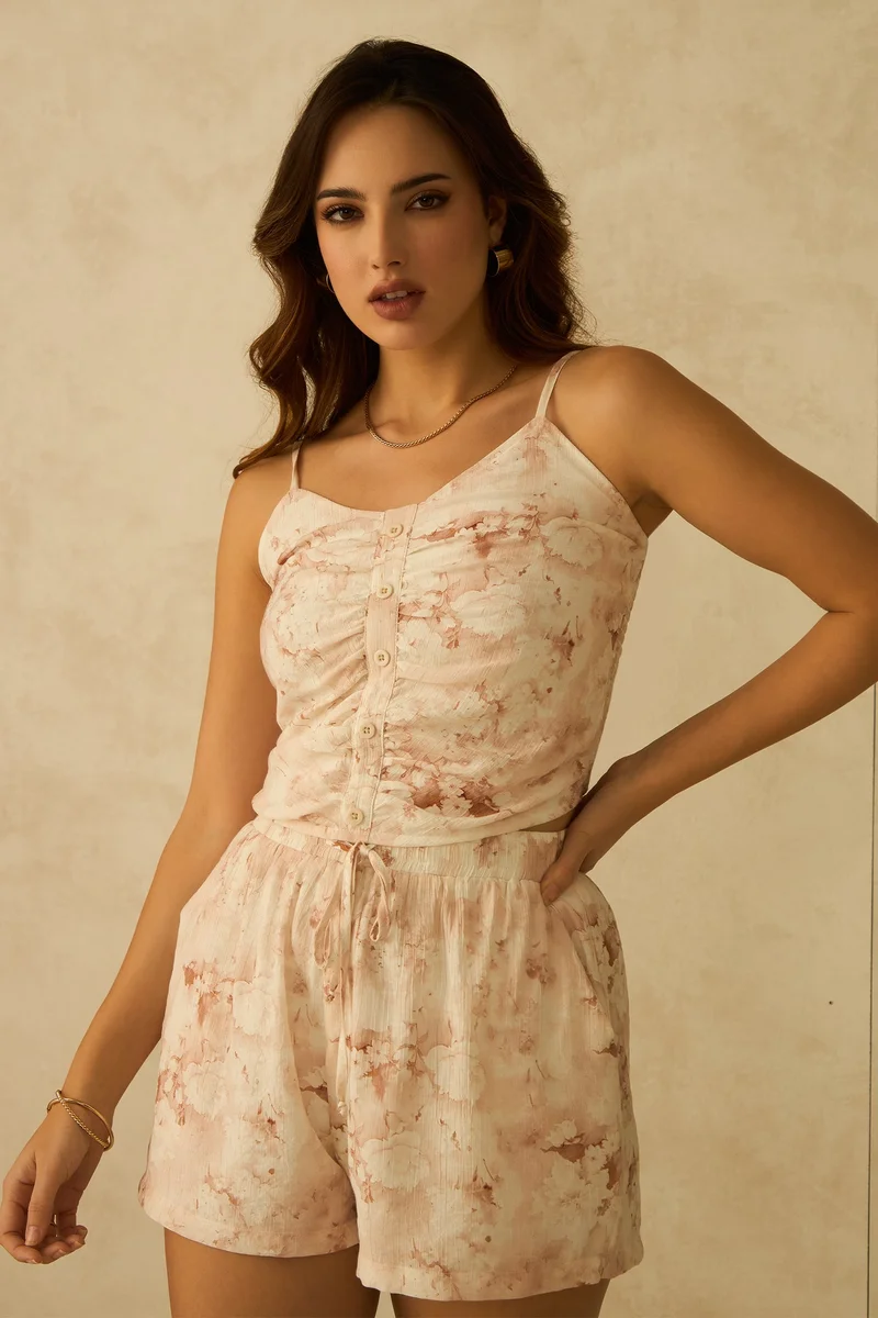 Virgio Floral Viscose Off-White Tie-Up Shorts for Women