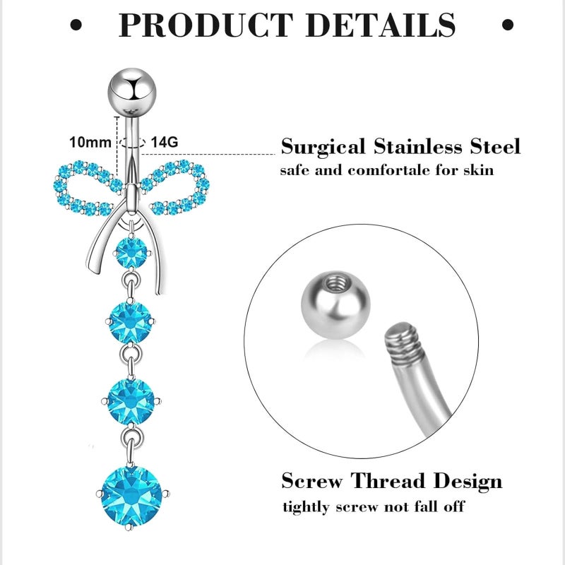 Suotarn 14G Belly Button ring Dangle Belly Rings Surgical Stainless Steel Cute Bow Butterfly Heart Flower Dangling Belly Button Piercing Jewelry For Women Silver Dainty Dangly Navel Ring (aqua) - Image 2