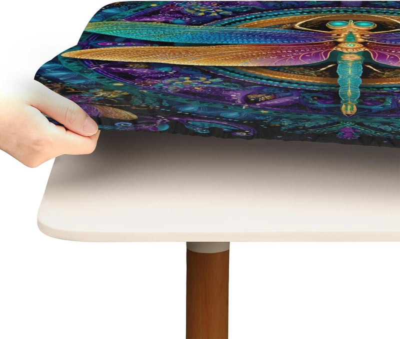 Dragonfly Mandala Colored Square Fitted Tablecloth Waterproof Elastic Card Table Cover Stretch Wipeable Polyester Square Table Protector For Dining Kitchen Home Outdoor Picnic Decor,34x34inch - Image 4
