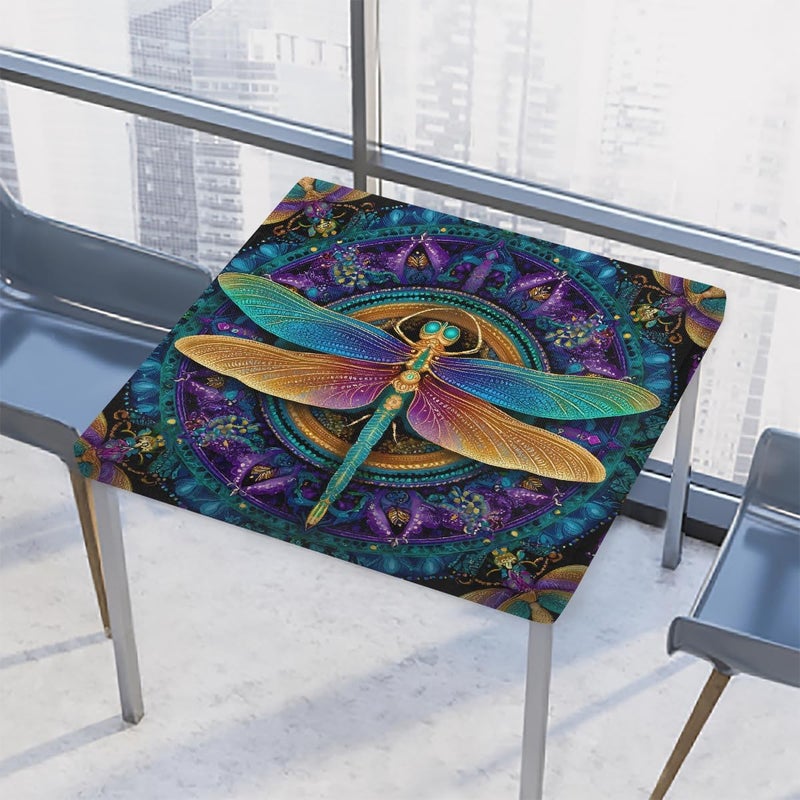Dragonfly Mandala Colored Square Fitted Tablecloth Waterproof Elastic Card Table Cover Stretch Wipeable Polyester Square Table Protector For Dining Kitchen Home Outdoor Picnic Decor,34x34inch - Image 1
