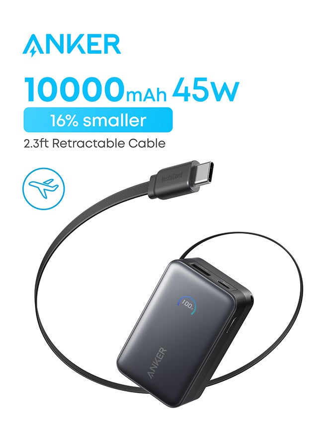 Anker 10000 mAh Nano Power Bank, Portable Charger With 2.3 ft InstaCord Retractable Cable, 45W Max Compact Battery Pack, Smart Display, for iPhone 16 Series, iPad, Galaxy, Pixel, and More - Black