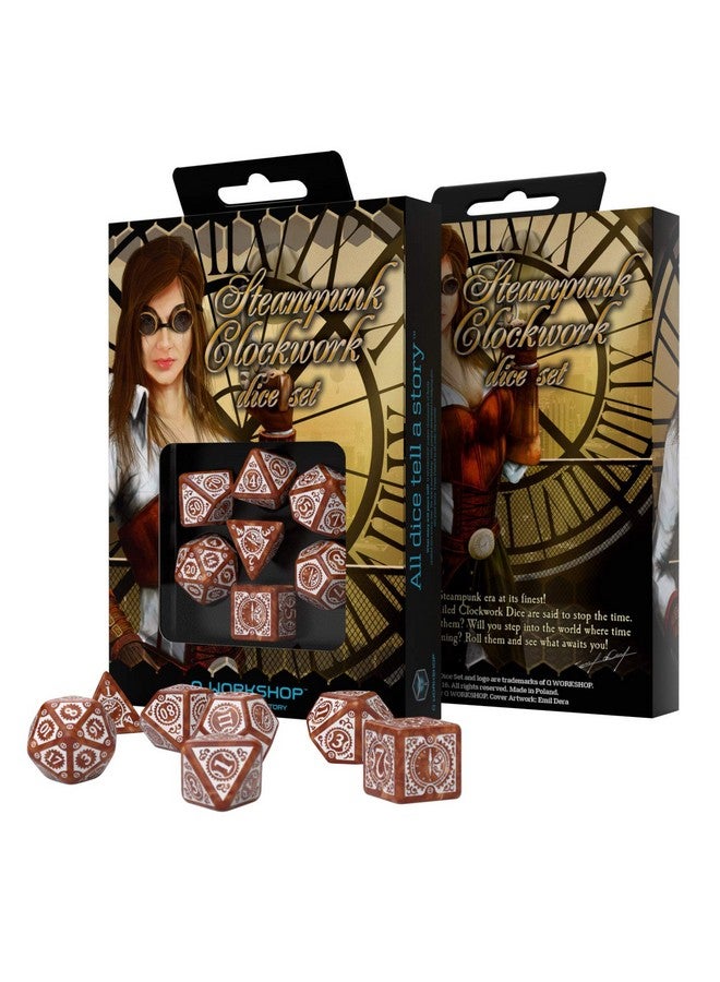 Q WORKSHOP مجموعة نرد Q-Workshop ستيمبانك كلوك وورك كراميل وأبيض (7 قطع) - Image 2