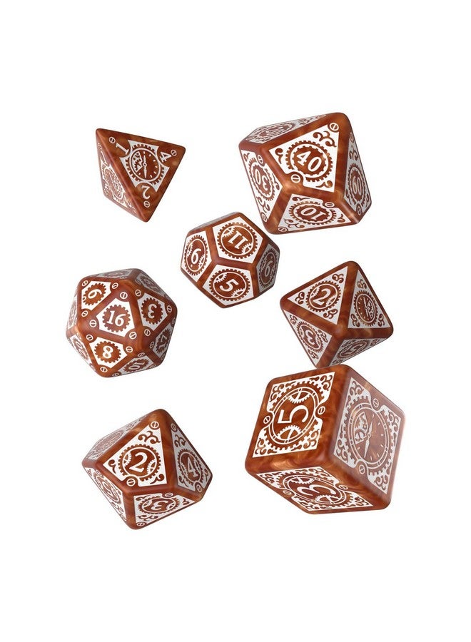 Q WORKSHOP مجموعة نرد Q-Workshop ستيمبانك كلوك وورك كراميل وأبيض (7 قطع) - Image 1