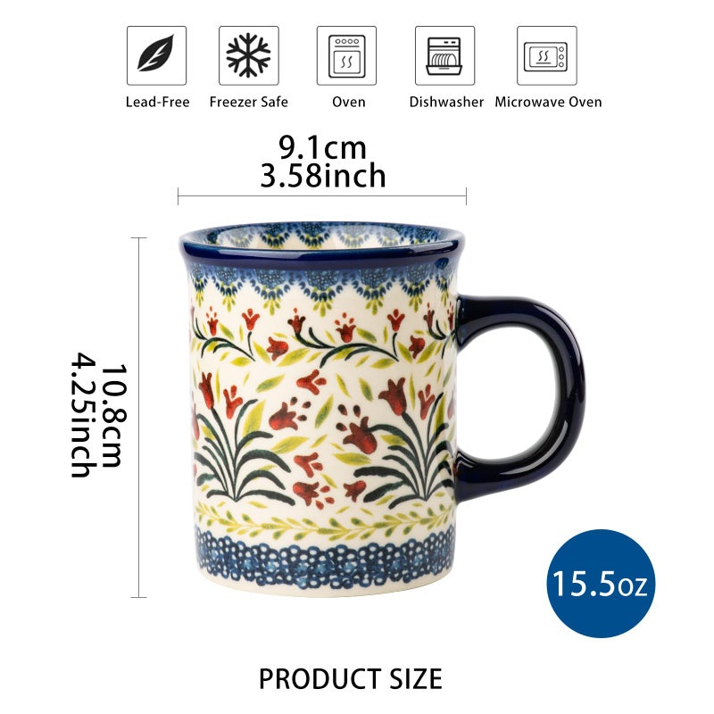 ONECCI Ceramic Latte Mug Set of 4, 15.5oz Hand Painted Porcelain Coffee Cups With Big Handle - Modern,Retro Design For Any Kitchen. Microwave and Dishwasher Safe (The tulip) - Image 2