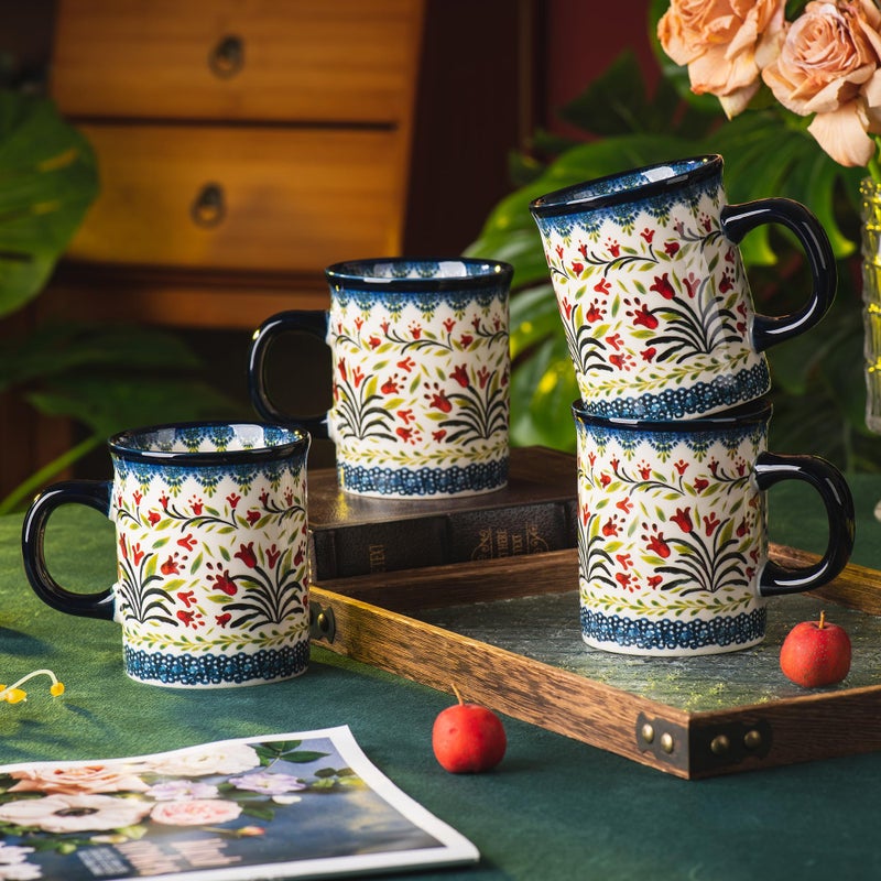 ONECCI Ceramic Latte Mug Set of 4, 15.5oz Hand Painted Porcelain Coffee Cups With Big Handle - Modern,Retro Design For Any Kitchen. Microwave and Dishwasher Safe (The tulip) - Image 5