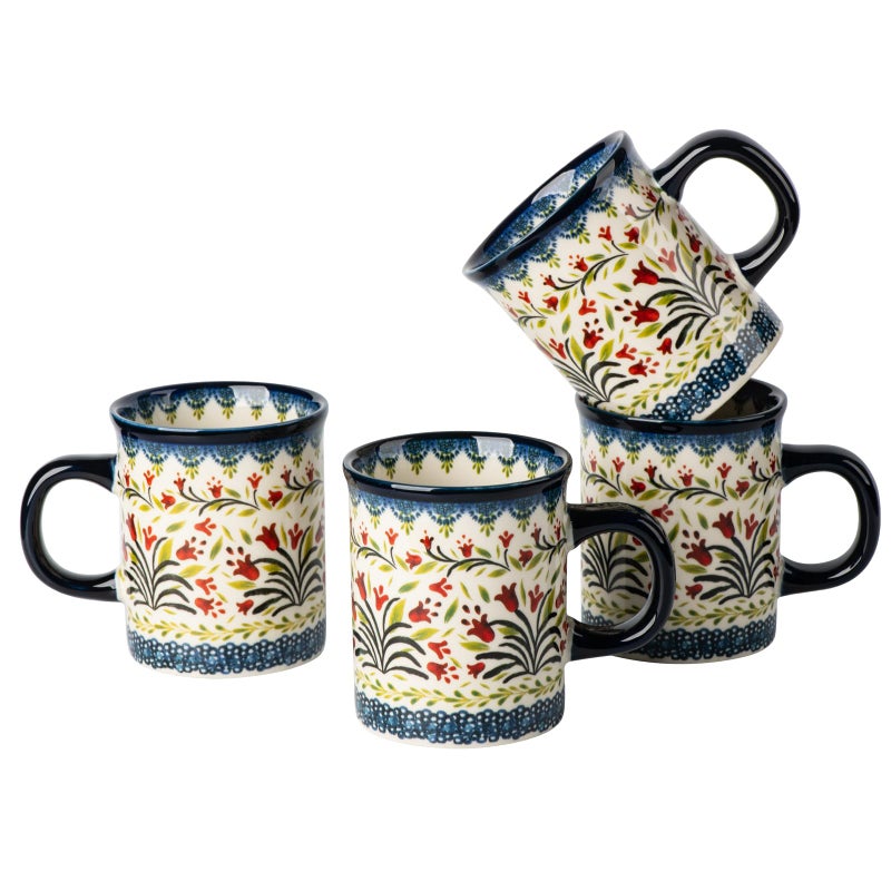 ONECCI Ceramic Latte Mug Set of 4, 15.5oz Hand Painted Porcelain Coffee Cups With Big Handle - Modern,Retro Design For Any Kitchen. Microwave and Dishwasher Safe (The tulip) - Image 1