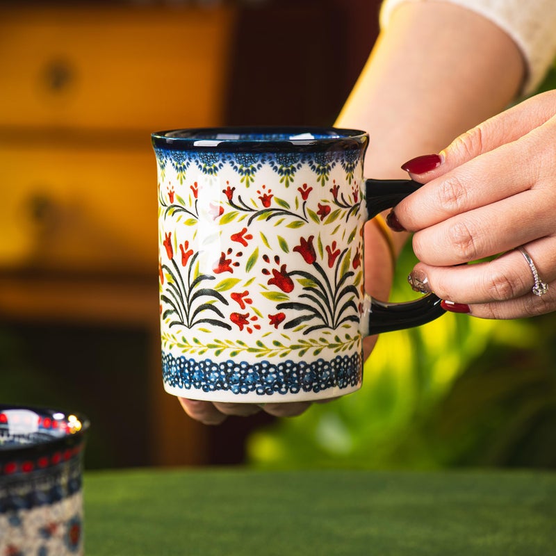 ONECCI Ceramic Latte Mug Set of 4, 15.5oz Hand Painted Porcelain Coffee Cups With Big Handle - Modern,Retro Design For Any Kitchen. Microwave and Dishwasher Safe (The tulip) - Image 4