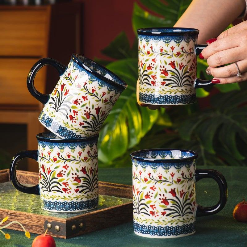 ONECCI Ceramic Latte Mug Set of 4, 15.5oz Hand Painted Porcelain Coffee Cups With Big Handle - Modern,Retro Design For Any Kitchen. Microwave and Dishwasher Safe (The tulip) - Image 3