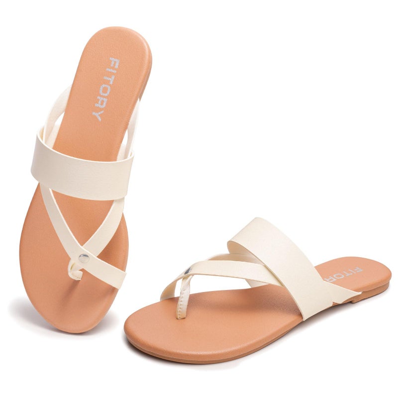 FITORY Womens Flat Round Sandals With Casual Fashion Slides and Flip Flops Split Toes Style for Lady Summer Beige Size 8 - Image 1