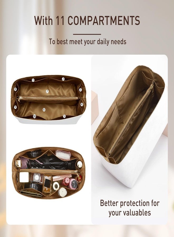 Doxo Tote Bag Organizer Insert, Purse Organizer Insert Compatible with Lv Speedy 30, Neverfull MM, le pliage Large and More, Lightweight Dupontpaper Bag Insert with Zip, 11 Pockets(Brown, L) - Image 3