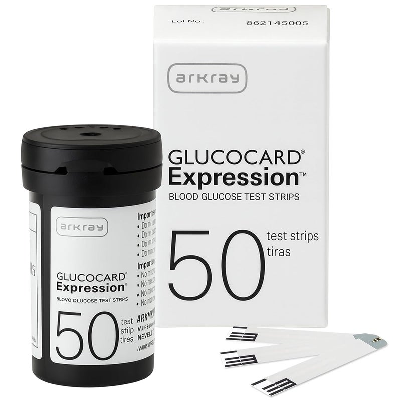 GLUCOCARD Expression شرائط اختبار الجلوكوز من ARKRAY - بدون ترميز، 0.8 ميكرولتر ونتائج سريعة خلال 6 ثوانٍ - متوافقة مع جهاز قياس سكر الدم - 50 قطعة - Image 1