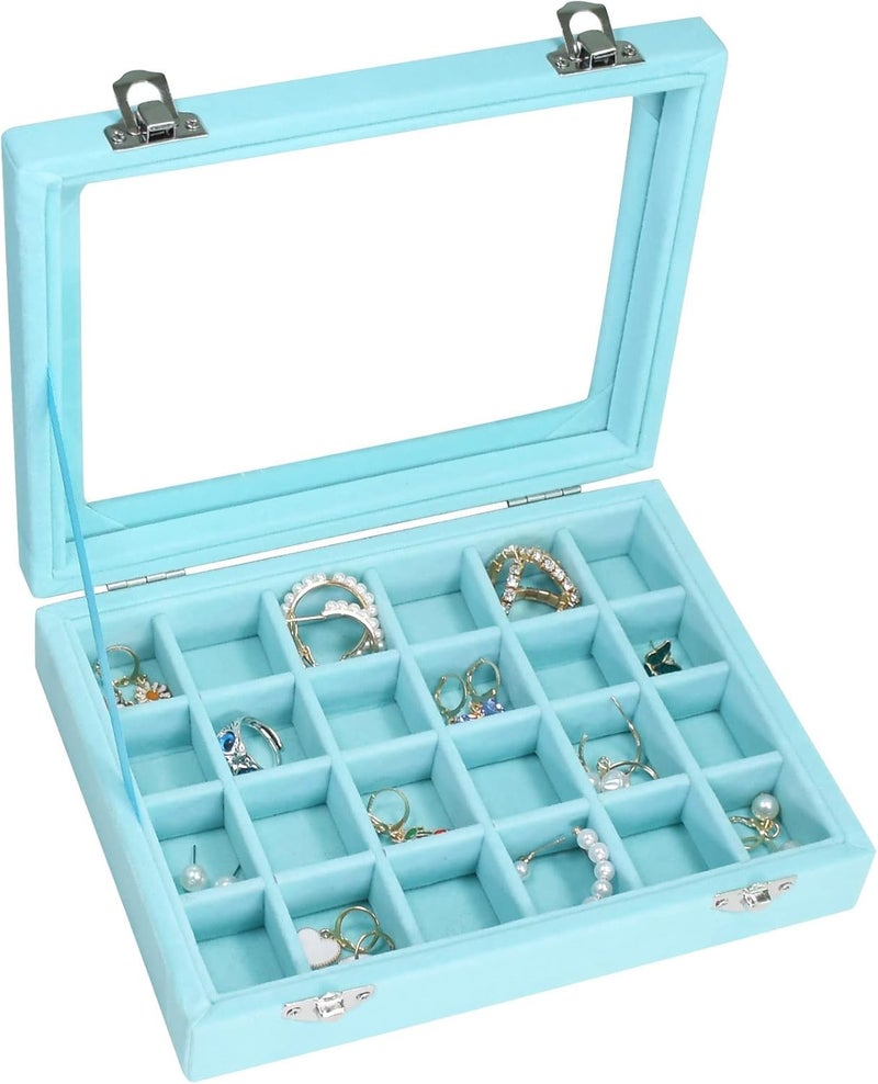 Vicoter Velvet Jewelry Box 24 Grid Jewelry Ring Display Organiser Box Tray Holder Earrings Storage Case for Girls Wife Mom Women (Light Blue) - Image 1