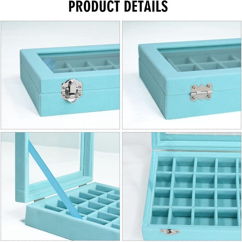 Vicoter Velvet Jewelry Box 24 Grid Jewelry Ring Display Organiser Box Tray Holder Earrings Storage Case for Girls Wife Mom Women (Light Blue) - Image 4