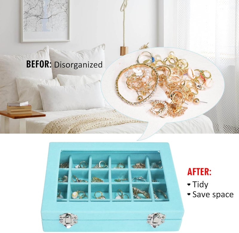 Vicoter Velvet Jewelry Box 24 Grid Jewelry Ring Display Organiser Box Tray Holder Earrings Storage Case for Girls Wife Mom Women (Light Blue) - Image 5