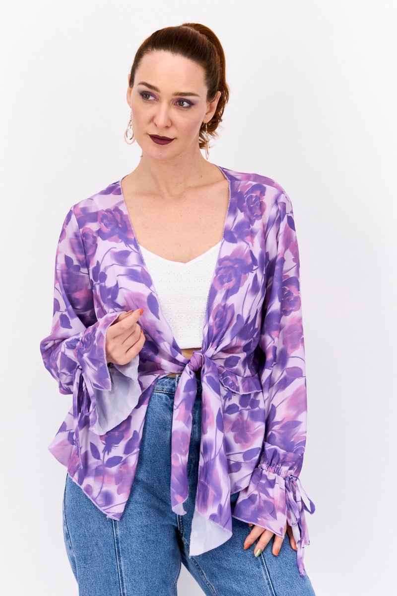 ASOS Women Tie  Neck Long Sleeves Floral Print Blouse, Multicolor - Image 1