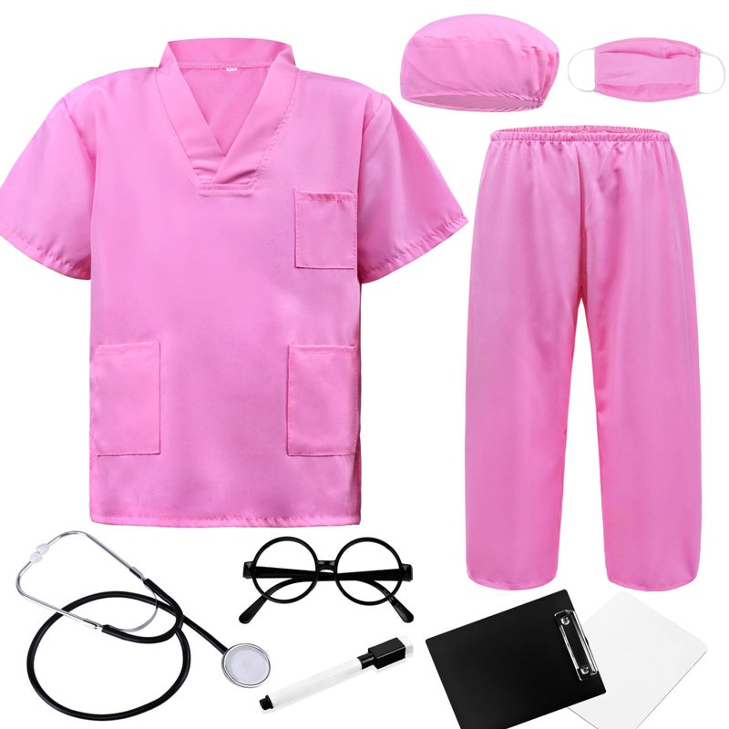 ZZIHAN Kids Doctor Costume Pink Medical Scrubs Outfit with Stethoscope Mask Cap Glassesfor Halloween Career Day Pretend Play Nurse Dentist Vet DressUp for Toddler Boys Girls 34T - Image 2