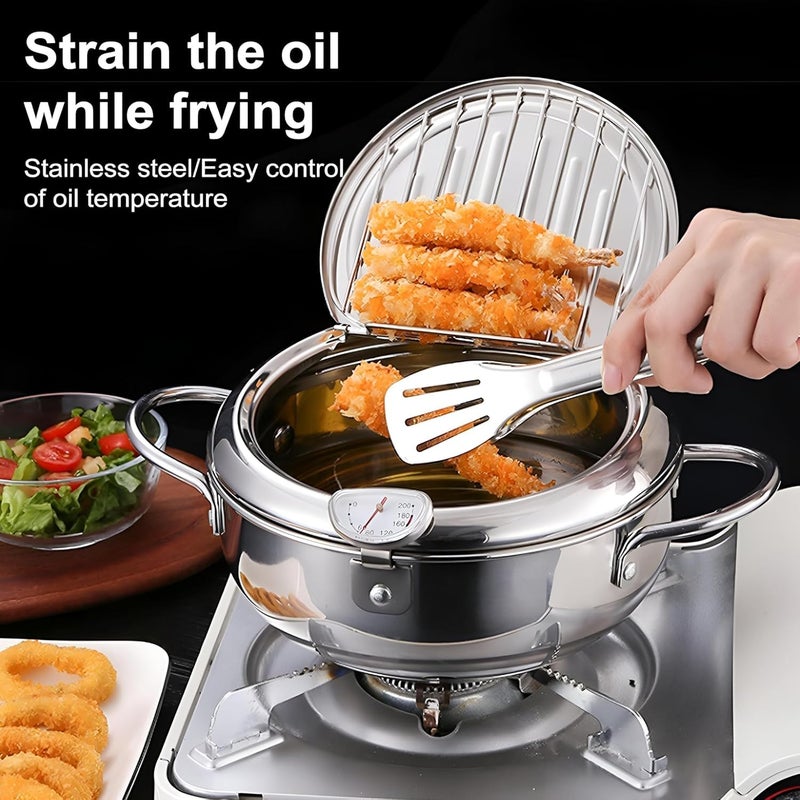 2.2L Stainless Steel Deep Fryer with Lid, Thermometer, Oil Drain Rack for Frying Potatoes, Shrimp, Chicken Wings, Fried Food - Image 3
