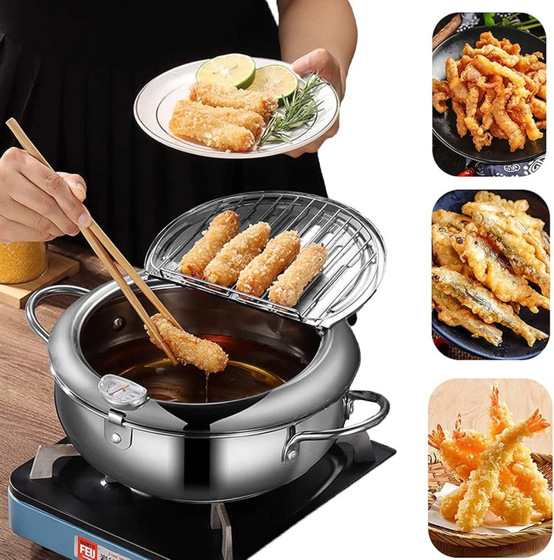 2.2L Stainless Steel Deep Fryer with Lid, Thermometer, Oil Drain Rack for Frying Potatoes, Shrimp, Chicken Wings, Fried Food - Image 2