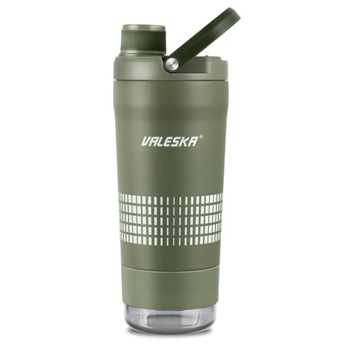 VALESKA Shaker Bottle for Protein Mixes with Storage | 24oz Insulated Stainless Steel Protein Shaker, BPA Free, Leak Proof, Dishwasher Safe, Perfect for Protein Shakes and Pre Workout | Green - Image 1