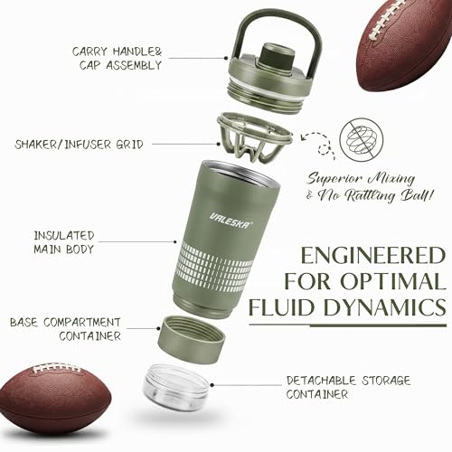 VALESKA Shaker Bottle for Protein Mixes with Storage | 24oz Insulated Stainless Steel Protein Shaker, BPA Free, Leak Proof, Dishwasher Safe, Perfect for Protein Shakes and Pre Workout | Green - Image 2