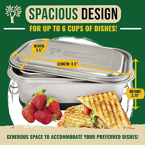 GreenLunch Bento صندوق غداء بيانتو من الفولاذ المقاوم للصدأ، صندوق غداء خالي من BPA مع أكواب وجبات خفيفة وحاويات غداء مقاومة للكسر للبالغين والأطفال مع أقفال ضغط - مثالي للمدرسة والمكتب - Image 3