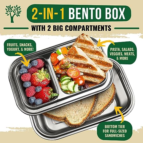 GreenLunch Bento صندوق غداء بيانتو من الفولاذ المقاوم للصدأ، صندوق غداء خالي من BPA مع أكواب وجبات خفيفة وحاويات غداء مقاومة للكسر للبالغين والأطفال مع أقفال ضغط - مثالي للمدرسة والمكتب - Image 2