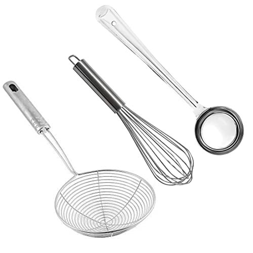 PUTHAK 14 Inch Stainless Steel Spider Strainer, 12 Inch Hand Blender Wire Whisk, 10.5 Inch Stainless Steel Basting/Serving Ladle/Kitchen Tools Combo of 3 - Image 1