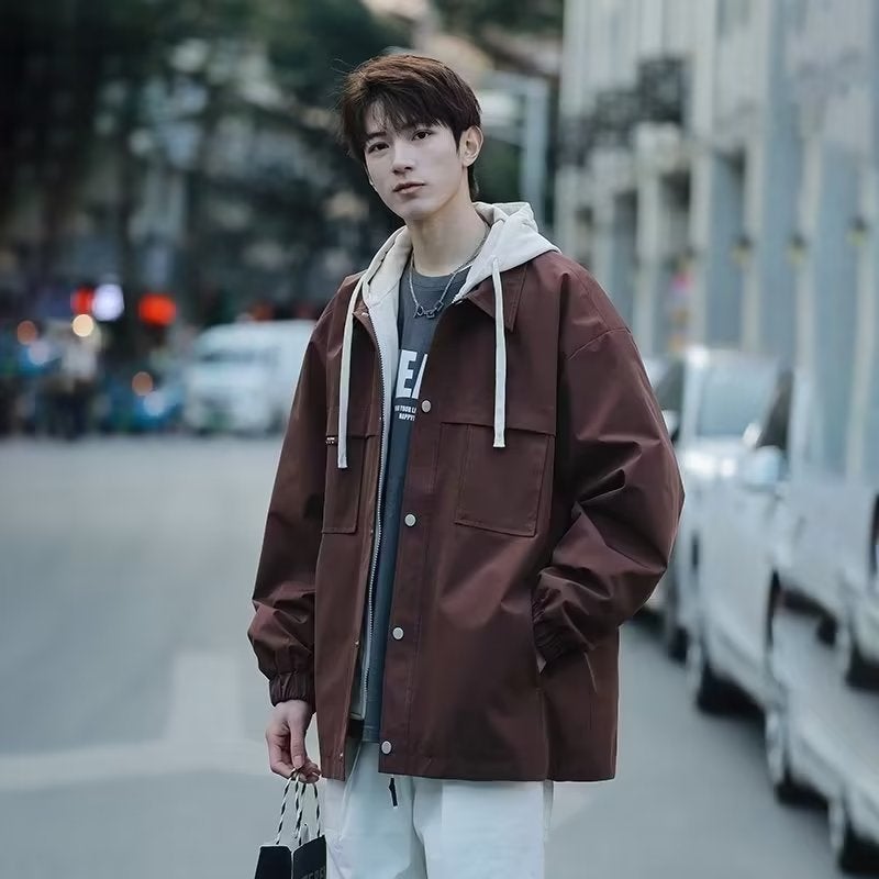 Autumn Hooded Two-piece Jacket Men Casual Trendy Brown - Image 1
