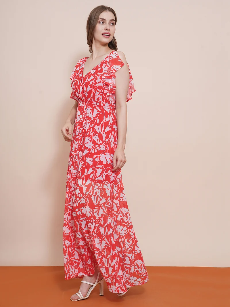 جلو باص فستان ماكسي نسائي بياقة ملفوفة وأكمام فراشة وطبعات زهور