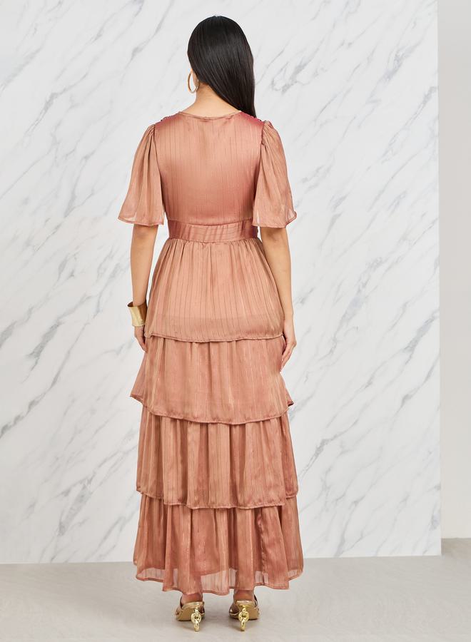 Styli Lurex Striped Chiffon Layered Tiered Maxi Dress