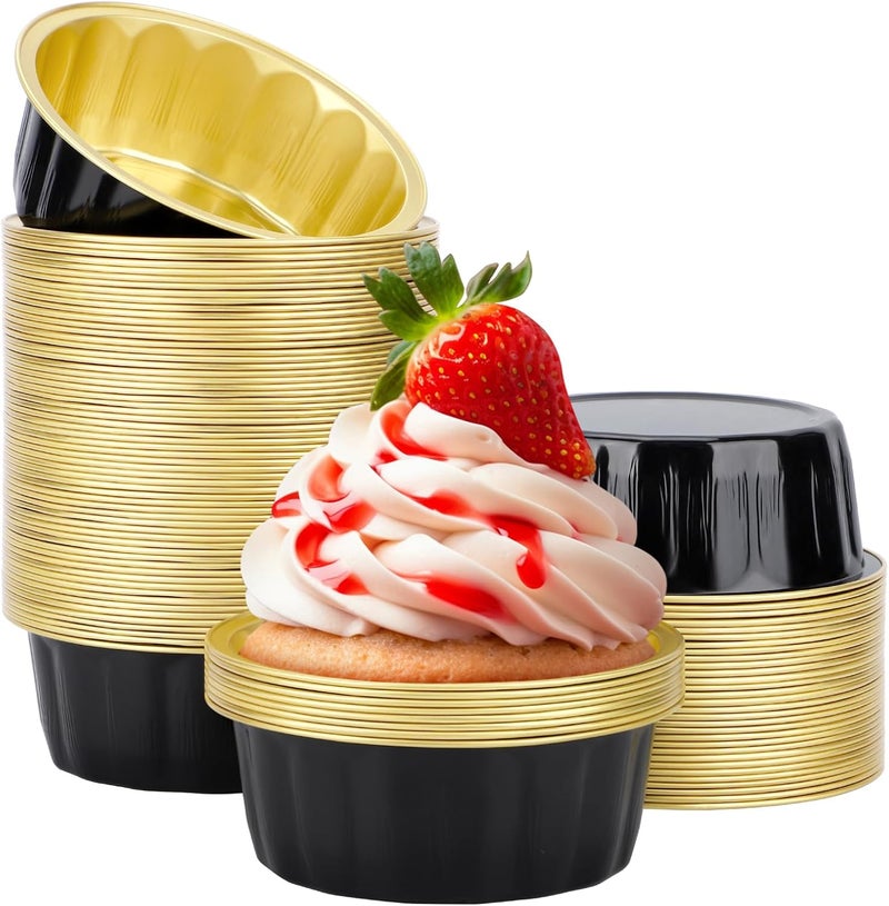 Beasea Disposable Baking Ramekins, 8 oz 100 Pack 3.9" 235ml Aluminum Foil Cups Bake Utility Ramekin Cup Souffle Cup Muffin Cupcake Baking Cup Mini Pudding Cups for Party Wedding Birthday - Black Gold - Image 1