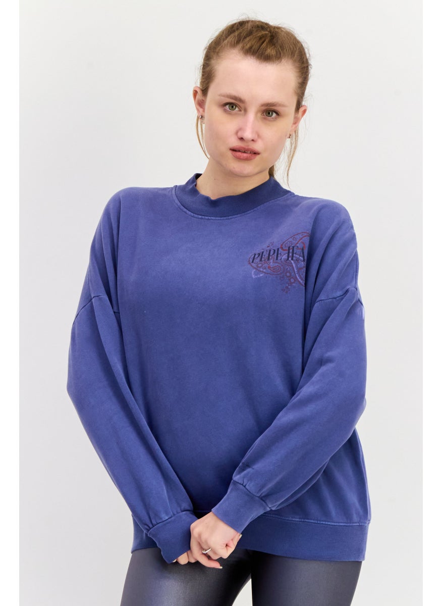 Pepe Jeans Women  Crew Neck Long Sleeves Graphic Print Sweatshirts, Blue  - Image 1
