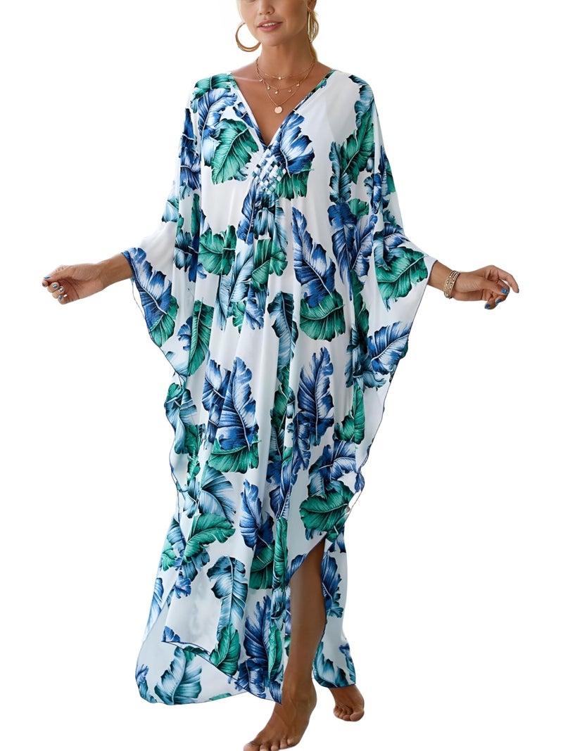 IMAGEKOPE Women's Plus Size Animal Print V-Neck Batwing Kaftan Beach Dress Bathing Suit Cover-Up Loungewear - Image 1
