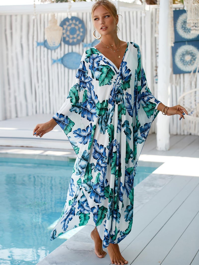 IMAGEKOPE Women's Plus Size Animal Print V-Neck Batwing Kaftan Beach Dress Bathing Suit Cover-Up Loungewear - Image 2