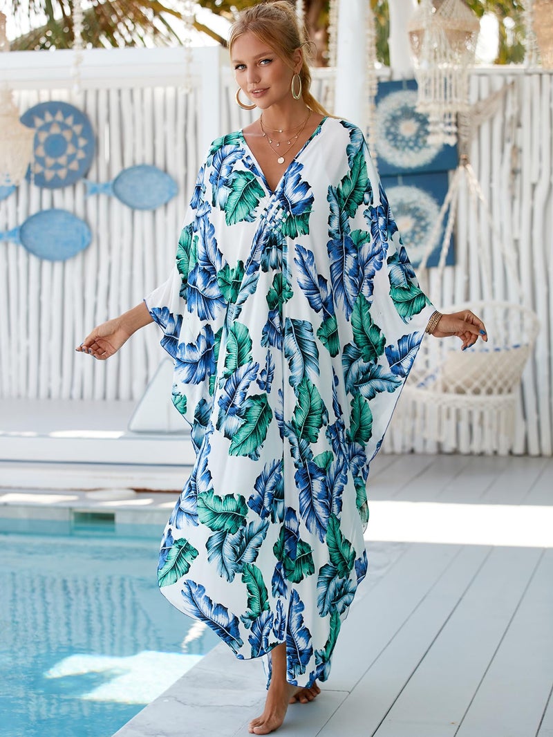 IMAGEKOPE Women's Plus Size Animal Print V-Neck Batwing Kaftan Beach Dress Bathing Suit Cover-Up Loungewear - Image 3
