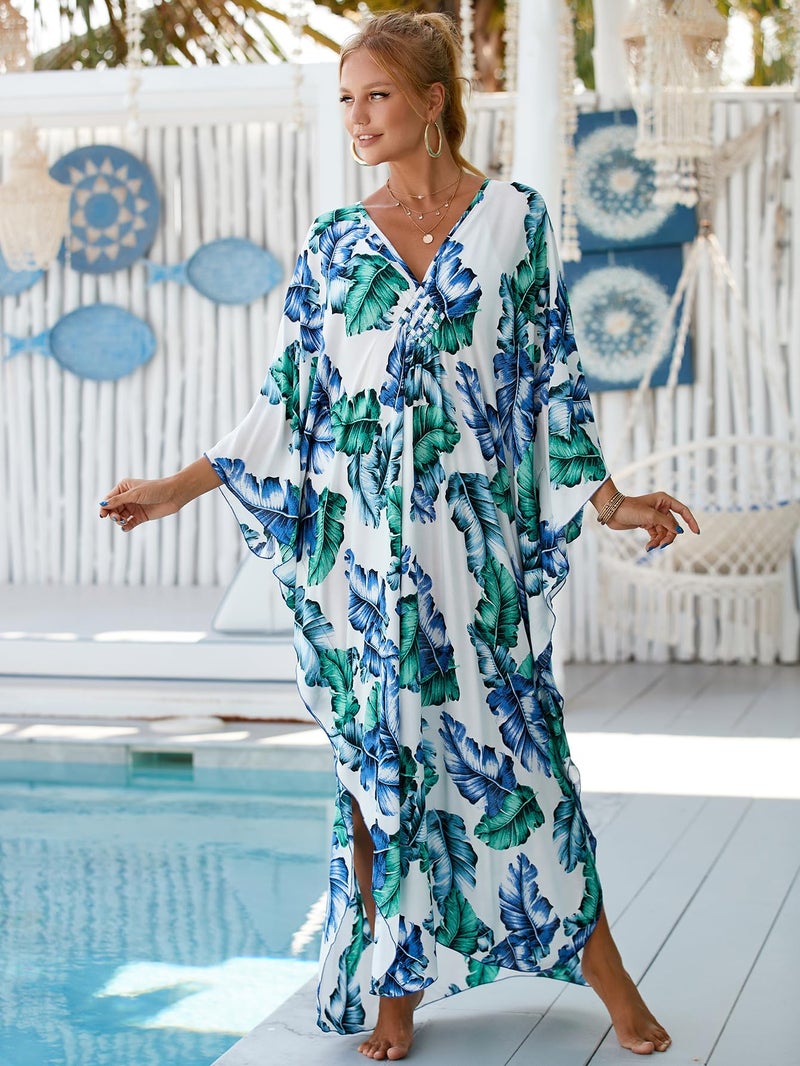 IMAGEKOPE Women's Plus Size Animal Print V-Neck Batwing Kaftan Beach Dress Bathing Suit Cover-Up Loungewear - Image 5
