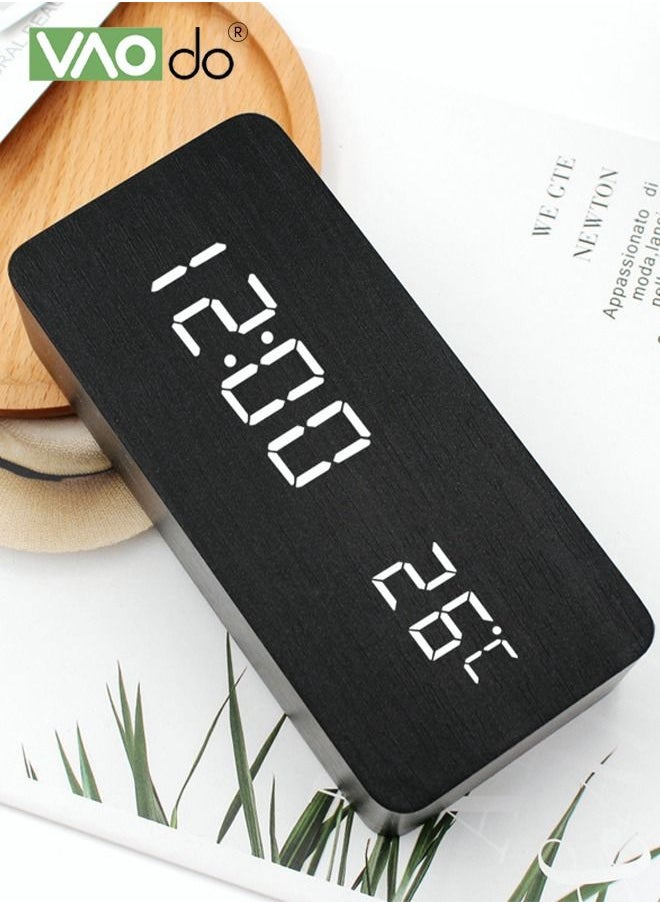 VAOdo - LED Alarm Clock Can be Timed Electronic Alarm Clock HD Mirror Display With Temperature Display Wireless Charging Wooden Alarm Clock Black - Image 1